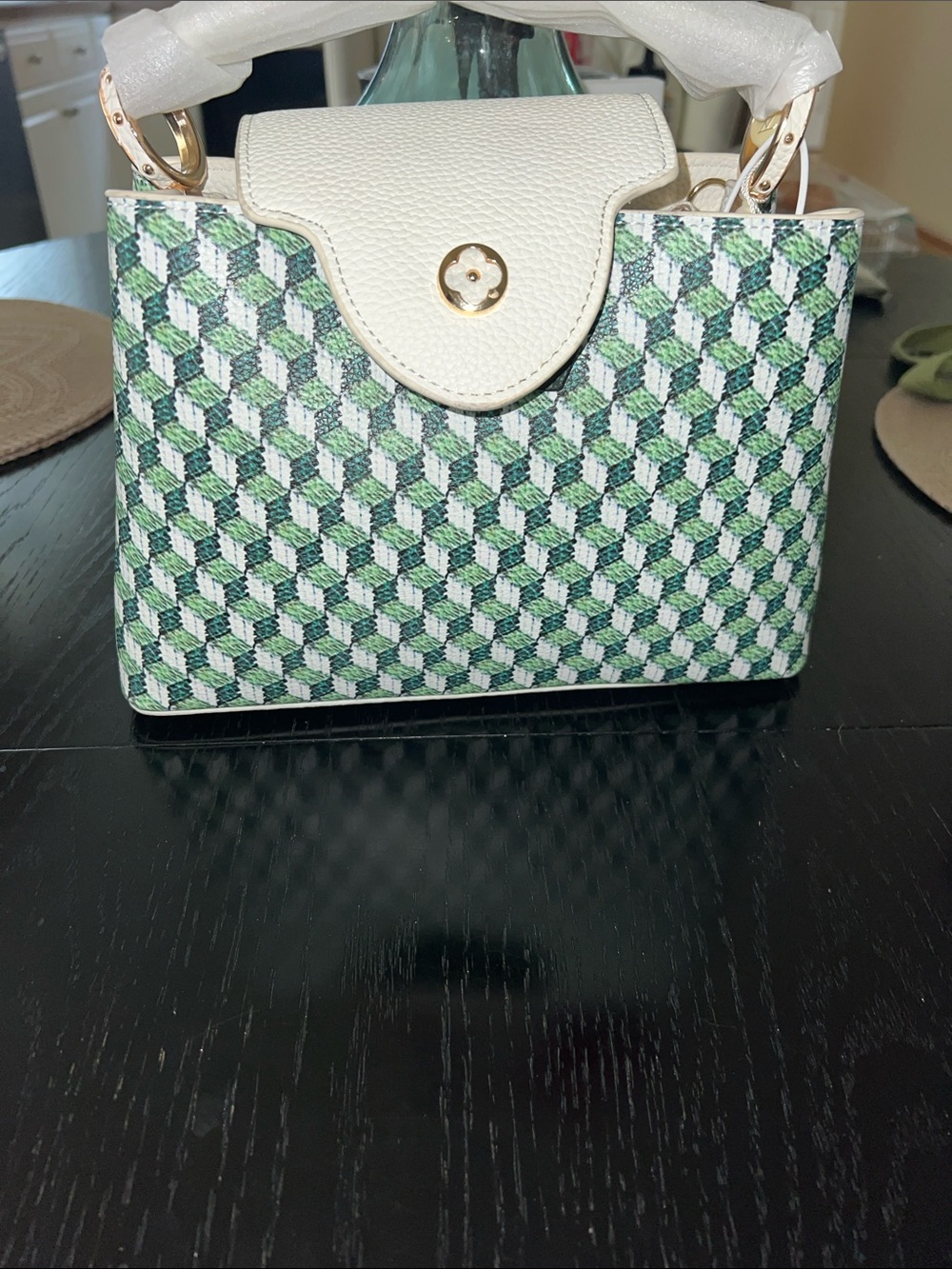 Structured White and Green Geometric Crossbody Bag